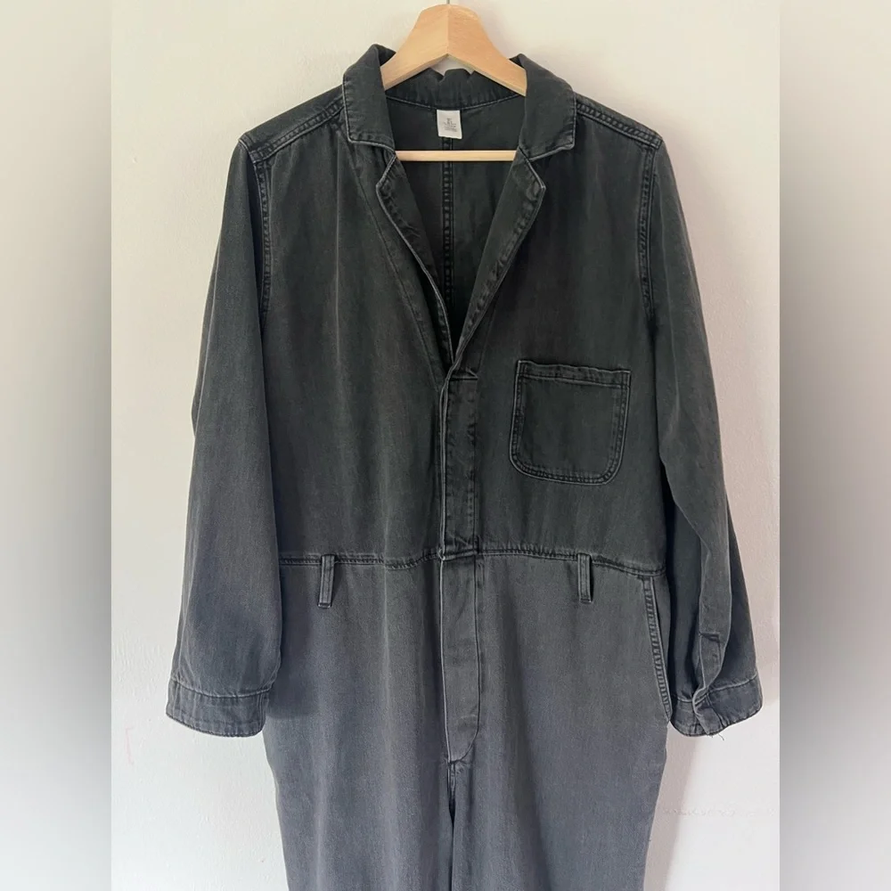 &Denim Washed Black Grey Long Sleeve Button Front Relaxed Fit Denim Jumpsuit - Picture 2 of 11